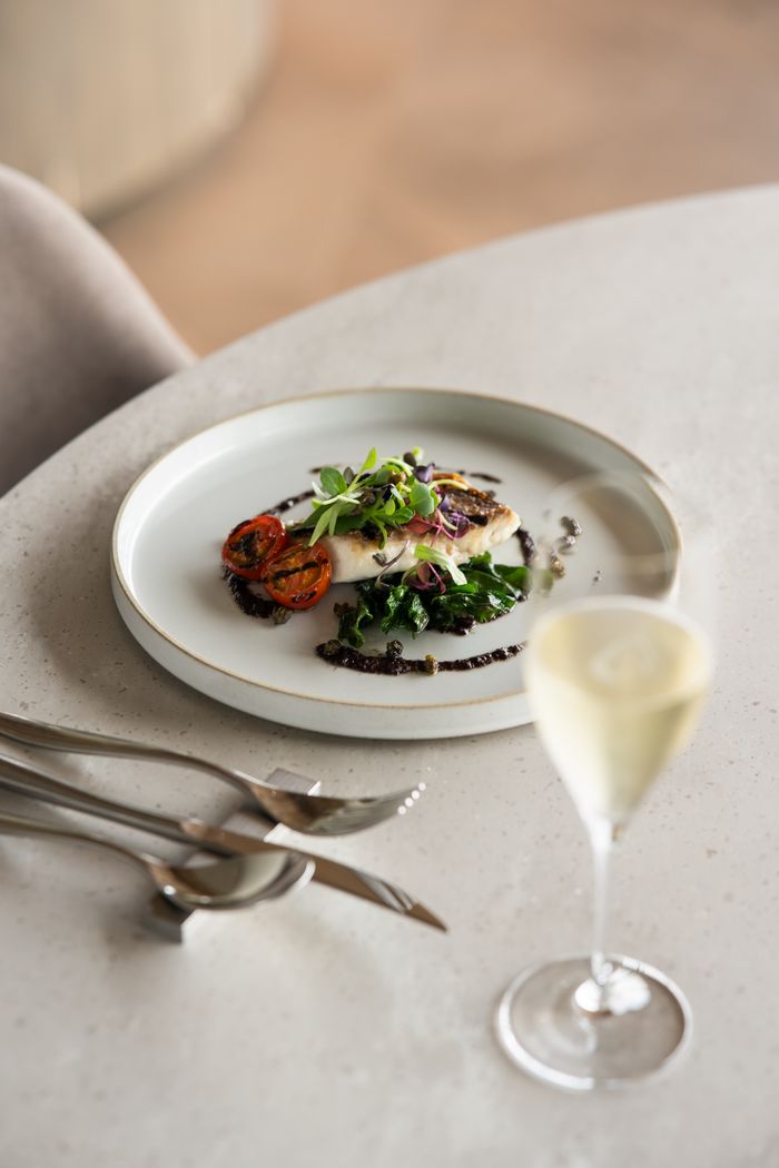 gallery-04 Gourmet fish dish elegantly plated with tomatoes and greens, paired with champagne in a Tokyo, Japan restaurant.